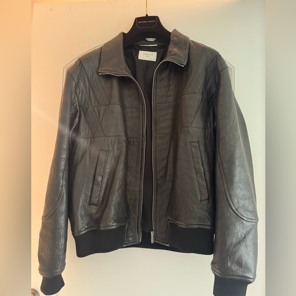 Saint Laurent Black Leather Bomber Jacket with Zip